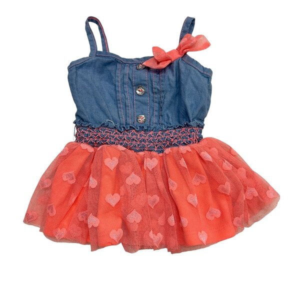 Little Lass Baby Girls’ Chambray & Pink Sheer Skirt Top | Hearts Smocked Sz 18M - Picture 1 of 9